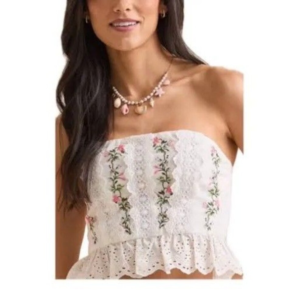 NEW ALTAR'D STATE FLORAL EMBROIDERED EYELET RUFFLE STRAPLESS TUBE TOP LARGE